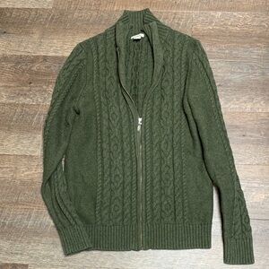LL Bean Sweater Womens Sz M Green Double L Full Zip Chunky Cable Knit Mock Neck